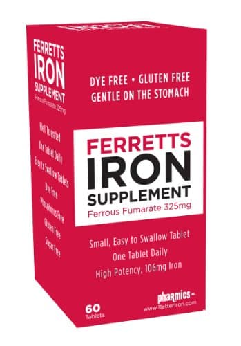 Ferretts Iron Tablets 106mg (325mg Ferrous Fumarate) - 60 Day Supply of High Potency Iron Supplements for Women & Men, Easy on The Stomach Iron Supplements for Anemia, 60 Iron Pills Per Bottle