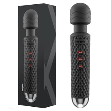 bed geek Handheld Cordless Personal Wand Massager – Waterproof, USB Rechargeable, 20 Vibration Patterns, 8 Speeds, Memory Feature, Skin-Soft Silicone for Ultimate Relaxation Tool (Black)