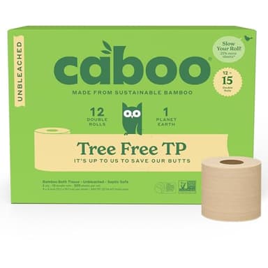 Caboo Tree Free Unbleached Toilet Paper | Plastic Free Packaging, Septic Safe, Eco Friendly, Chemical Free, Non Toxic | 2 Ply Toilet Tissue, Pack of 12 Double Rolls, 300 Sheets Per Roll