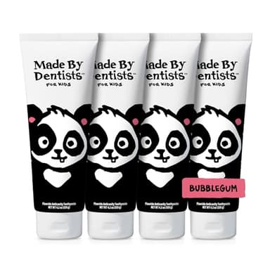 Made by Dentists Kids Fluoride Toothpaste 4-Pack - Anticavity Bubblegum Children's Toothpaste, SLS-Free, Enamel Safe, Natural Flavors, Vegan & Cruelty-Free, Toddler & Kids Ages 2+, Panda