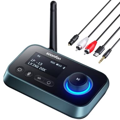 SOOMFON Bluetooth Transmitter for TV 3-in-1 Bluetooth 5.0 Transmitter Receiver for TV to 2 Headphones with LCD Display Adjustable Volume, Optical AUX RCA Bypass for Home Stereo Speaker