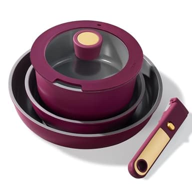 CAROTE Ceramic Pots and Pans Set, Nonstick Cookware Set Detachable Handle, 6pcs Induction Kitchen Cookware Sets Non Stick with Removable Handle, RV Cookware Set, Oven Safe, Purple