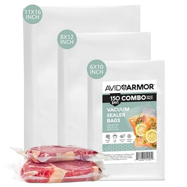 Avid Armor Vacuum Sealer Bags, Vac Seal Bags for Food Storage, Freezing, and Sous Vide Cooking, Non-BPA Freezer Vacuum Sealer Bags, Pint, Quart, and Gallon Sizes Combo Pack, 150 Bags