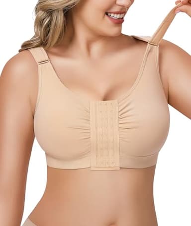 BRABIC Post Surgery Front Closure Bras for Women Full Coverage Compression Mastectomy Wireless Bra with Adjustable Straps, Beige, Medium