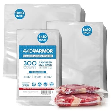 Avid Armor – Chamber Machine Pouches 3.5mil, Pre-Cut Chamber Vacuum Sealer Bags, Heavy Duty Seal Pouch, BPA-Free Chamber Sealer, Assorted Size Pack, 6"x10", 8"x10", 11"x10" - Pack of 300