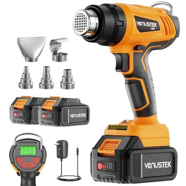 VENUSTEK 20V Cordless Heat Gun with 2 x 4.0Ah Batteries (122℉–1022℉) Fast-Heating Hot Air Gun Kit with Screen Display Variable Temperature Wind Speed, Portable Heat Gun for Shrink Tubing Vinyl Wrap