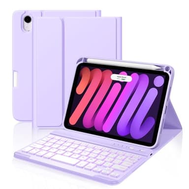 Cousper for iPad mini 7 Keyboard Case A17 Pro 2024/iPad Mini 6 Generation Case with Keyboard 2021 8.3 Inch, Pencil Holder, 7 Color Backlit Detachable Keyboard Cover for iPad mini 7th/6th Gen,Purple