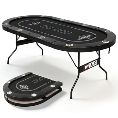 RAYKEEP 84" Poker Table for 10 Players, Foldable Texas Holdem Table with Padded Rails & 10 Cup Holders, Portable Casino Board Game Table for Game Room, Blackjack, Party (Black)