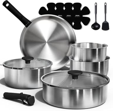 CAROTE Pots and Pans Set, Stainless Steel Cookware Set Detachable Handle, 15pcs Induction Kitchen Cookware Sets with Removable Handle, RV Cookware Set, Oven Safe