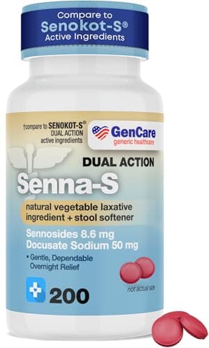 GenCare - Senna-S Natural Vegetable Laxative Plus Stool Softener Dual Action (200 Tablets) Value Pack | Gentle Dependable Overnight Relief of Occasional Constipation Generic for Senokot-S