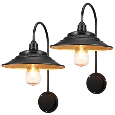XIFEINIU Solar Barn Lights Upgrade, 2PCS Waterproof Wall Light Fixture, Rustic Vintage Metal Gooseneck Solar Wall Mount Lights with Gold Interior, for Outdoor Barn Shed Garage Porch (Black)