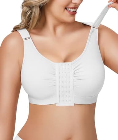 BRABIC Post Surgery Front Closure Bras for Women Full Coverage Compression Mastectomy Wireless Bra with Adjustable Straps, White, XX-Large