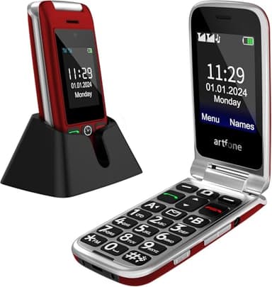 artfone G6 Flip Phone for Seniors, 4G Unlocked Basic Phone, 2.4"+1.8" Screen, SOS Button, Speed Dial, Hans-Free, Big Buttons, Bluetooth, Camera, FM Radio, Charging Dock, Voice Time, Caller-ID, Red