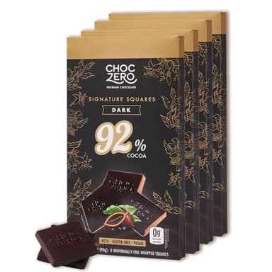 ChocZero 92% Cocoa Ultimate Dark Chocolate Squares – Sugar Free, Vegan, Keto Friendly & High Fiber, No Sugar Alcohols – 4 Count (3.2 oz Boxes)