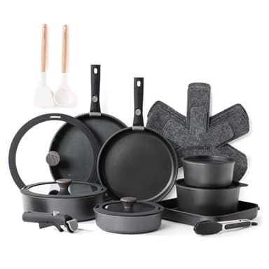 SENSARTE 24 Piece Pots and Pans Set, Nonstick Detachable Handle Cookware, Induction Kitchen Cookware Set with Removable Handle, Healthy Non Stick for RV, Dishwasher＆Oven Safe (Black)