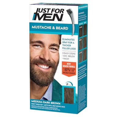 Just For Men Mustache & Beard, Beard Coloring for Gray Hair with Brush, With Keratin Biotin Aloe and Coconut Oil for Healthy Facial Hair - Medium-Dark Brown, M-40, Pack of 1 (Packaging May Vary)