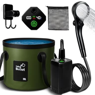 Motivekit™ Portable Camping Shower | 5.3 Gallons Foldable Bucket, 6000mAh Rechargeable Shower Pump, 6' 7" Filtered Shower Head, Summer Beach Outdoor Showering Hiking Pet Bath RV Car Wash Water Plant