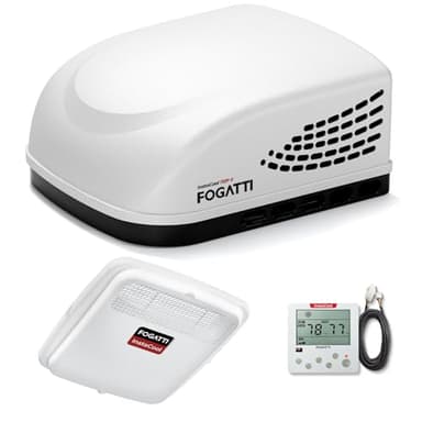FOGATTI RV AC Unit with Heat Strip, 11000 BTU Non-Ducted Roof top RV Air Conditioner Cooling and Heating, Air Distribution Box (White)