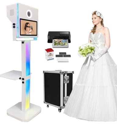 Photo Booth with Printer Included, Mirror Photo Booth 15.6-in Touch Screen Selfie RGB Lights Portable Photobooth Machine for Events Wedding Party Rental Flight Case