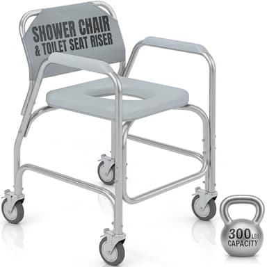 Vive Shower Chair & Toilet Riser with Wheels - Rolling Bathroom Seat for Elderly, Disabled, Handicapped - Adjustable Senior Raised Bath Potty Chair with Handles for Adults - w/ Arms & Locking Wheels