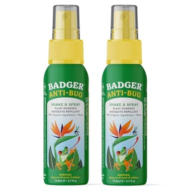 Badger Bug Spray, 3-Hour DEET-Free Mosquito Repellent, Family Friendly, Citronella & Organic Essential Oils, Natural & Vegan Insect Repellent Spray for Travel, 2.7 fl oz Aluminum Bottle, 2-Pack