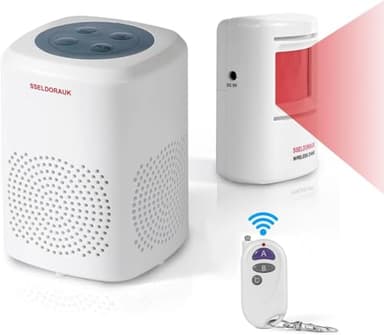 S SELDORAUK Motion Sensor Door Chime, Dog Barking Alarm Doorbell Guard Wireless Infrared Detect Alert for Home Security Reminder Entry Rang 1000ft 110dB 4 Volume Level (1Receiver+1Detector+1Remote)