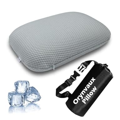 Orynvaux Cooling Camping Pillow, Memory Foam Travel Pillow with Adjustable Buckle Strap & Storage Bag, Compact Small Pillow for Airplane, Car Lumbar, Office, Washable Cooling Cover, Quarry Grey