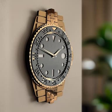 goodtime Luxury Rolex Style Gold Wooden Wall Clock | Large 15" 3D Unique Home Decor | Ultra-Quiet, Non-Ticking Mechanism for Man Cave & Housewarming Gift