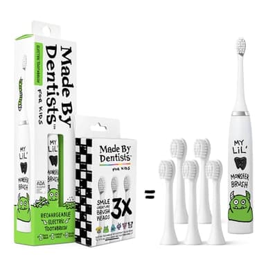 Made by Dentists Kids Electric Toothbrush - Rechargeable Vibrating Toothbrush with Timer, Includes 6 Replacement Heads, Gently Cleans Teeth, Kid & Toddlers Age 2+, Monster