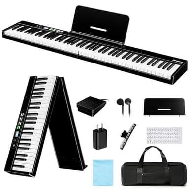 Rhymo Portable Piano Keyboard, Semi-Weighted Folding Piano 88 Key Full Size, Upgrand Imitation Wood Texture Keyboard w/MIDI Bluetooth LCD Display Screen, Sustain Pedal for Beginners Adult Toddler