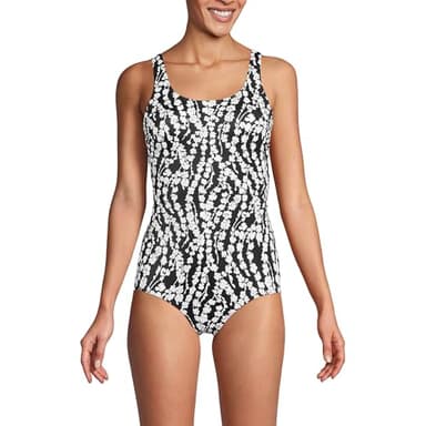 Lands' End Womens Chlorine Resistant Tugless Tank Soft Cup One Piece Swimsuit Black/White Vine Floral Regular 14