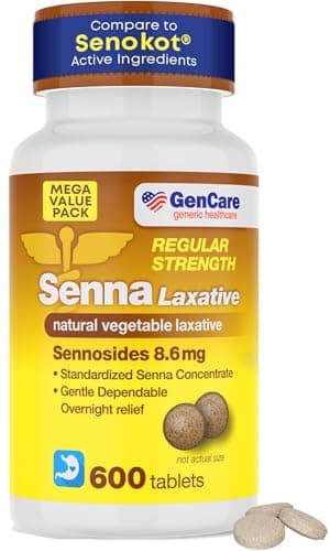 GenCare Senna Laxative 600 Tablets Senna 8.6mg Tablets with Natural Sennosides | Laxatives for Constipation, Bloating, Gas & Irregularity Relief. Safe & Effective | Generic for Senokot
