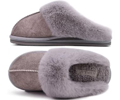 KuaiLu Womens Cozy Memory Foam Slippers Ladies Fuzzy Faux Fur Lined Warm Arch Support House Shoes Slip on Comfy Winter Scuff Indoor Outdoor Rubber Hard Sole Orthotic Plush Bedroom Grey Size 8