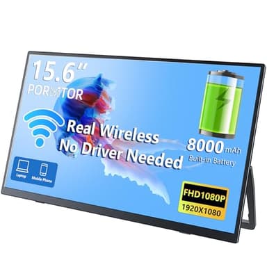 Pornitor Wireless Portable Monitor with Battery, Wireless Monitor for Laptop-15.6" 1080P FHD Travel Monitor for Laptop, Support AirPlay Miracast for Windows/Mac/Android/iOS