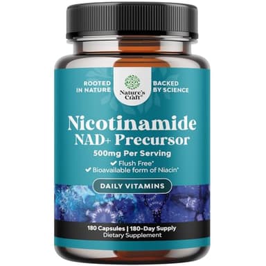 Vitamin B3 Niacinamide 500mg Capsules - Mitochondrial Energy and Potent Skin Supplement - AKA Vitamin B3 Niacin Flush Free and Nicotinamide 500mg - Flush Free Niacin Supplement - 180 Count