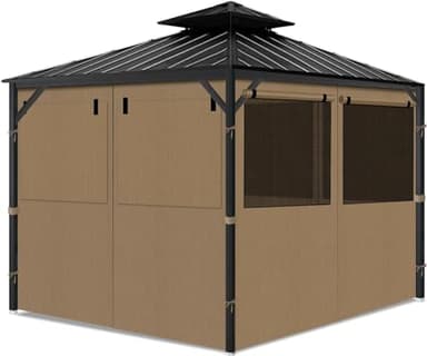 aonear Gazebo Privacy Curtains 10' x 12' with Mosquito Windows, 4-Panels Side Wall with Zipper Universal Replacement for Patio, Outdoor Canopy, Garden and Backyard, Khaki (Curtain Only)