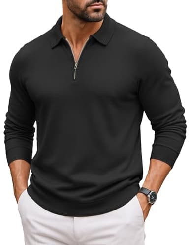 COOFANDY Long Sleeve Polo Shirts for Men Quarter Zip Pullover Long Sleeve Fall Shirts Black Large