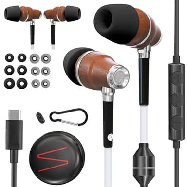 Symphonized Premium Wooden Airtube Headphones EMF Earbuds, 3D Sound, Microphone Volume Control, 8mm Bass Drivers Granting High Audio Quality for USB C Android Devices and iPhone 15, 16, 17