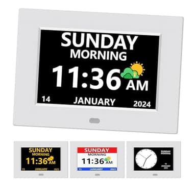 LXBYJKJ 7 Inch Digital Clock with Day and Date for Elderly Alzheimer's Clock Customizable Alarms 3 Display Modes Large Font Alarm Clock for Seniors Auto DST White