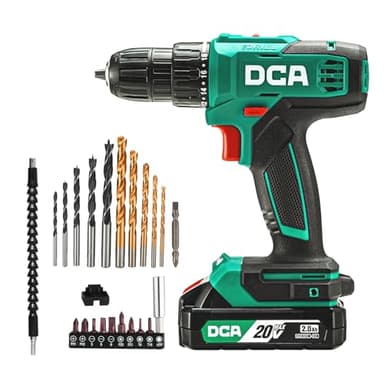 DCA Cordless Drill Set, 354 in-lbs Torque, 3/8" Keyless Chuck, Electric Power Drill with 2.0Ah Battery and Charger,18+1 Position,25-Piece 20V Drill Driver Kit, ADJZ2035