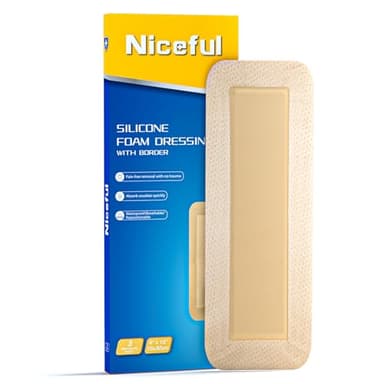 Niceful Ultra Soft Silicone Foam Dressing 4" x 12" - Large Bandages for Wounds, Highly Absorbent Waterproof Bandages for Bed Sores, Leg Ulcers, Knee Surgery 3 Count
