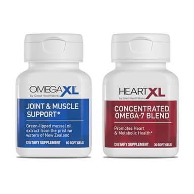 OmegaXL Joint Support Supplement - Natural Muscle Support, Green Lipped Mussel Oil, Soft Gel Pills, Drug-Free, 60 Count + HeartXL 30 Count, High Potency Omega-7 Blend