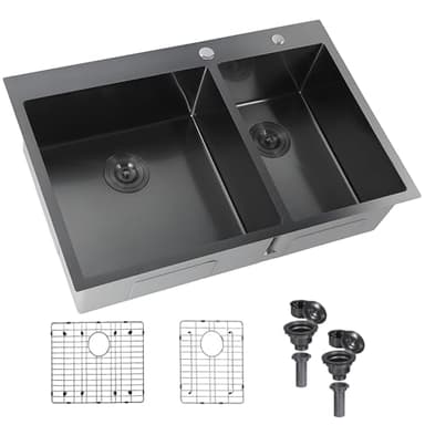 IKEBANA 33x22 Inch Nano Black 60/40 Double Kitchen Sink, 16 Gauge Stainless Steel Drop in & Topmount Double Bowl Sink with Drainer and Bottom Grid