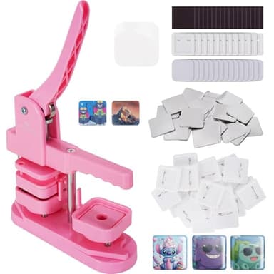 MECOLOUR Square Button Maker Machine with 50 Sets of Button Supplies&50 Sets of Fridge Magnet Maker Supplies,2*2 inch(50*50mm) Pin Maker Machine for DIY Personalized Buttons Children DIY Gift(Pink)