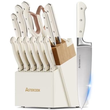 Knife Set,Astercook Kitchen Knife Set with Block 14-Piece Full Tang Stainless Steel Knives with Sharpener Dishwasher Safe and Anti-Slip Ergonomic Handle Mothers Day Gifts Utensils Set