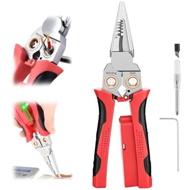 JEJIEFI Pro 8-in-1 Wire Stripping Pliers with Voltage Tester for Live/Neutral Wires 12–250V, Needle Nose Pliers, Wire Cutter, Crimper and Wire Twister, Heavy Duty Electrical Tool for Electricians(Red)