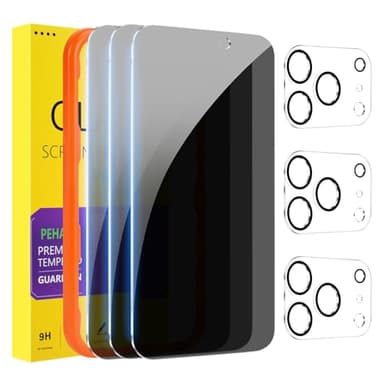 PEHAEL 3+3 Pack for iPhone 17 Pro Privacy Screen Protector with Camera Lens Protector Full Coverage Anti-Spy Tempered Glass Film 9H Hardness Easy Installation Bubble Free [6.3 inch]