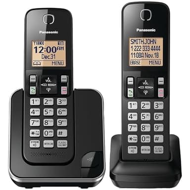 Panasonic Cordless Phone 2 Handsets System Expandable with Amber Backlit Display – KX-TGC352B (Black)