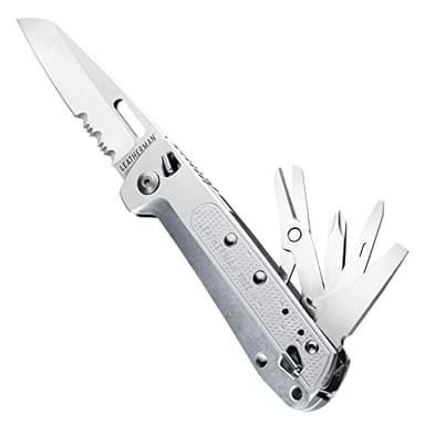 LEATHERMAN, FREE K4 EDC Pocket Multitool with Knife, Magnetic Locking, Aluminum Handles and Pocket Clip, Made in the USA, Silver (K4X with Serrated Blade)