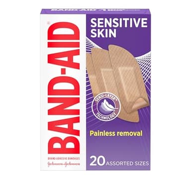 BAND-AID Brand Adhesive Bandages for Sensitive Skin, Hypoallergenic First Aid Bandages with Painless Removal, Stays on When Wet & Suitable for Eczema Prone Skin, Sterile, Assorted, 20 ct